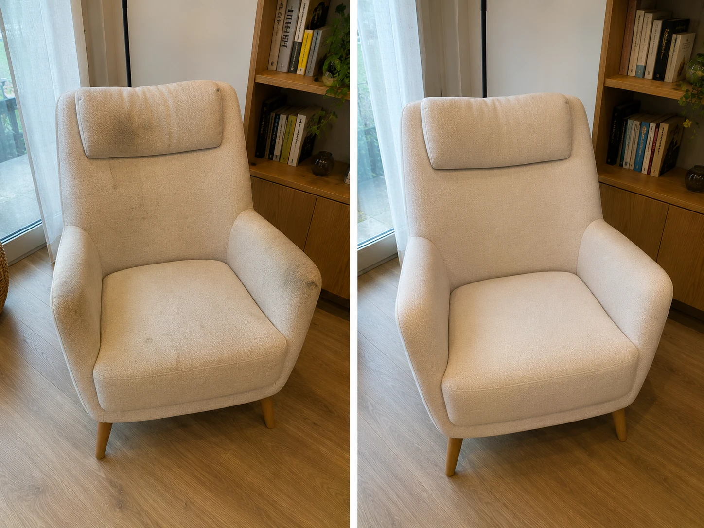 Sillón de comedor antes y después de la limpieza y desinfección profesional