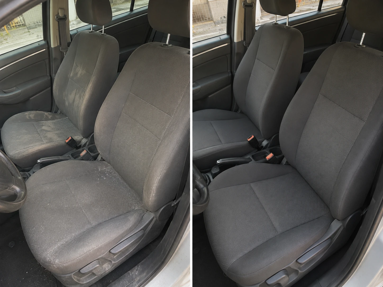 Tapicería interior de coche antes y después del lavado y saneamiento profesional